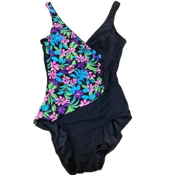 Maxine Of Hollywood Womens One Piece Swimsuit Floral Retro Button Bright Size 10 - Picture 1 of 11